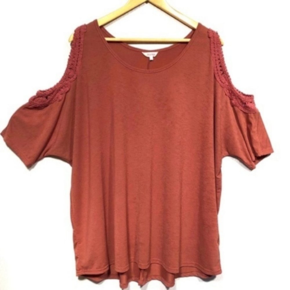 Stella Tweed Crochet Cold Shoulder Rust Color Top